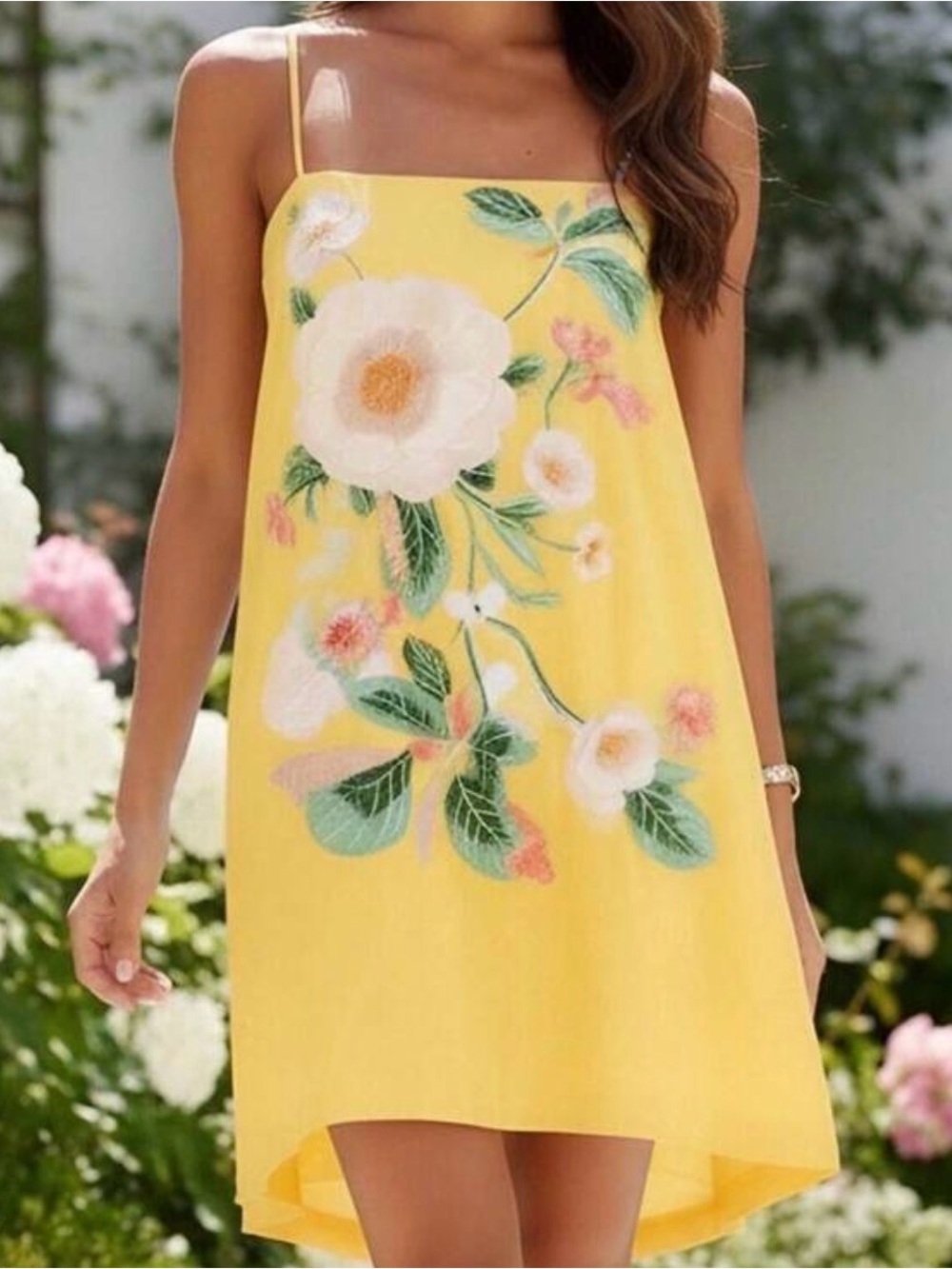 SHEIN Yellow Floral High-Low Spaghetti Strap Dress